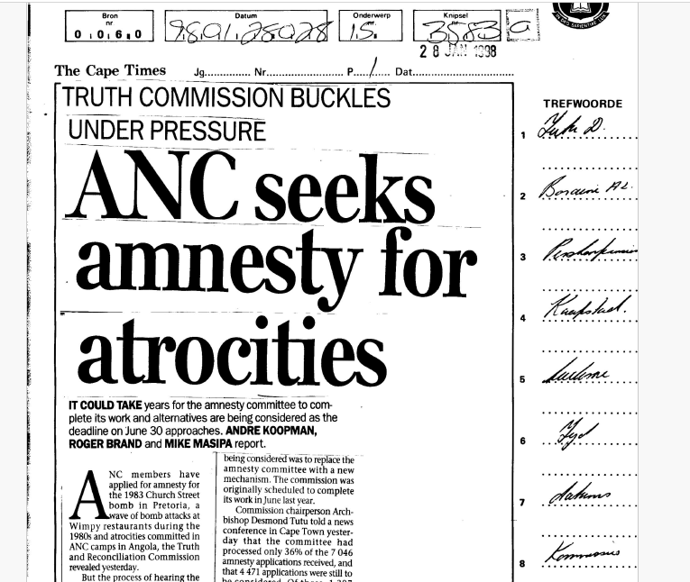 SA Air Force operation, ANC seeks amnesty for atrocities, by Koopman, Brans and Masipa, Cape Times, 28 January 1998 
